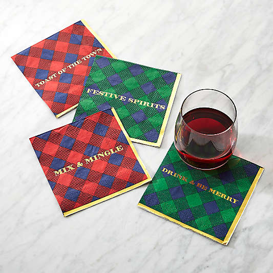 Buffalo Check Small Plaid Beverage Napkins with Holiday Cheers, Set of 16