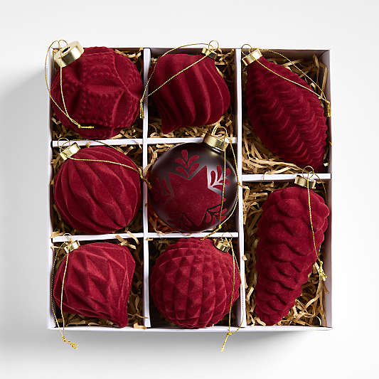Burgundy Velvet Christmas Ornaments, Boxed Set of 8
