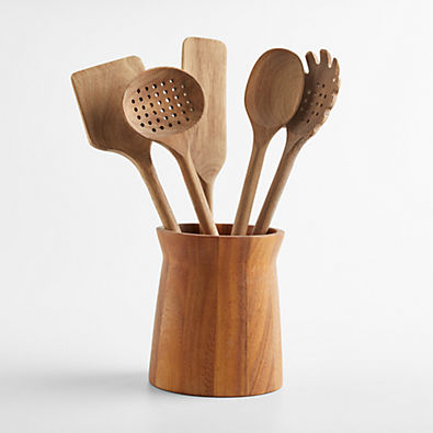 View Crate & Barrel Acacia Utensils with Holder, Set of 6 details