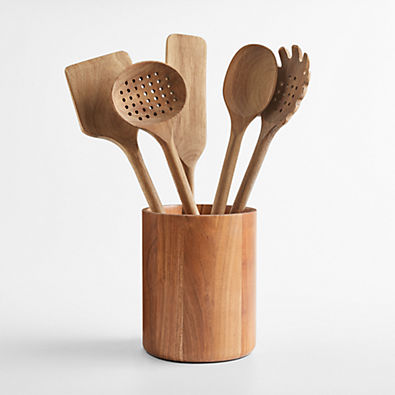 View Crate & Barrel Tondo Utensil Holder with Set of 5 Acacia Wood Utensils details