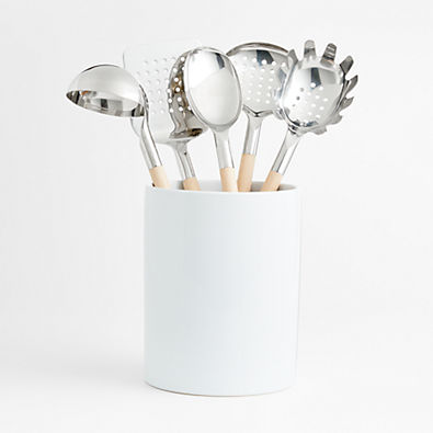 View Crate & Barrel Beechwood and Stainless Utensils with Holder, Set of 6 details