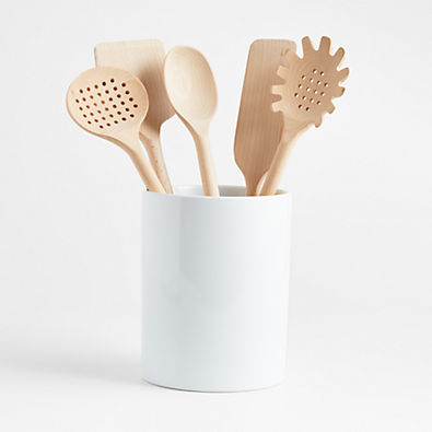 View Crate & Barrel Beechwood Utensils with Holder, Set of 6 details