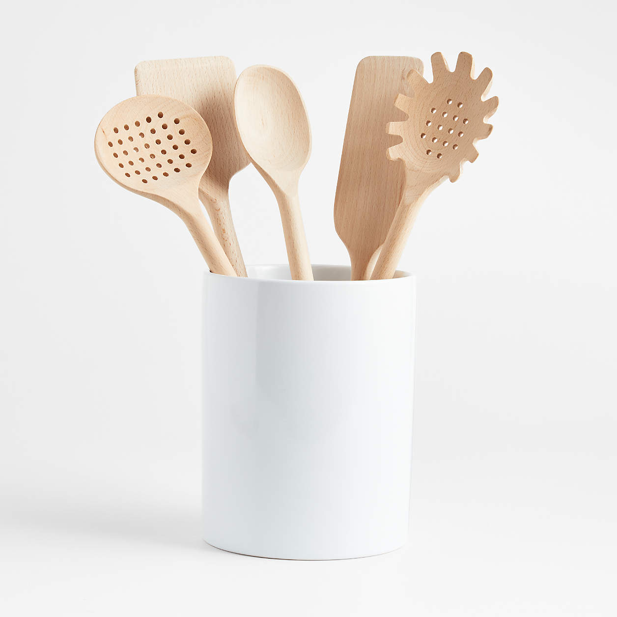 Crate & Barrel Beechwood Utensils with Holder, Set of 6 Crate & Barrel