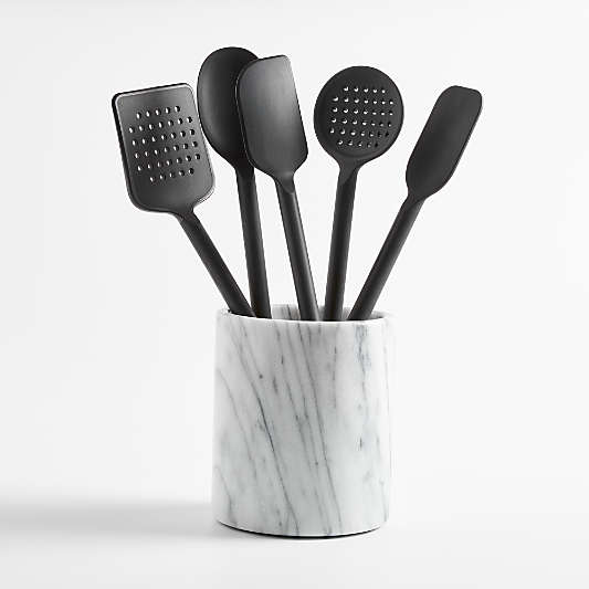 Crate & Barrel Black Silicone Utensils with Holder, Set of 6