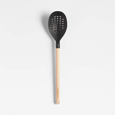 Crate & Barrel Black Silicone and Wood Deep Slotted Spoon