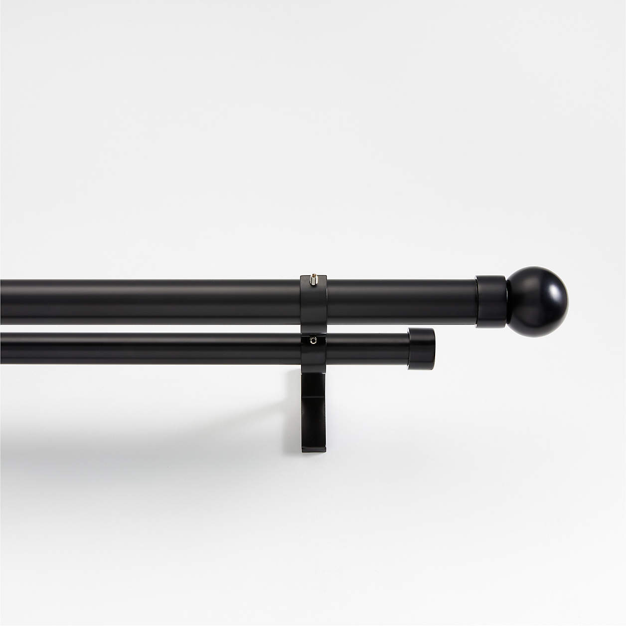 Black 1" Double Curtain Rod and Small Round End Cap Finials Set Crate