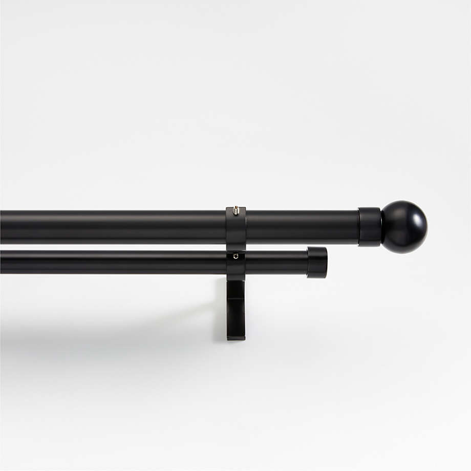 Black 1" Double Curtain Rod and Small Round End Cap Finials Set 120