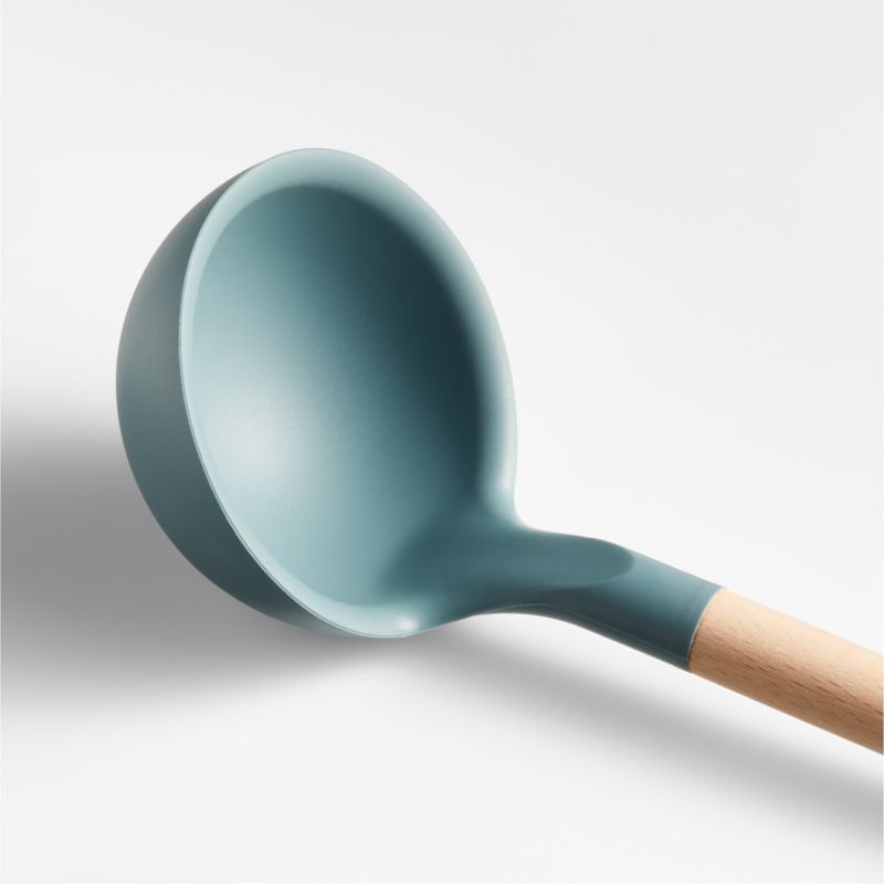 Crate & Barrel Deep Sage Green Silicone and Wood Ladle