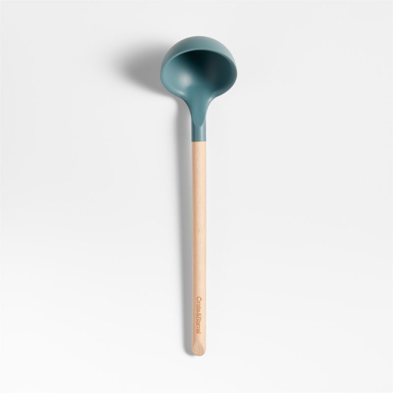 Crate & Barrel Deep Sage Green Silicone and Wood Ladle