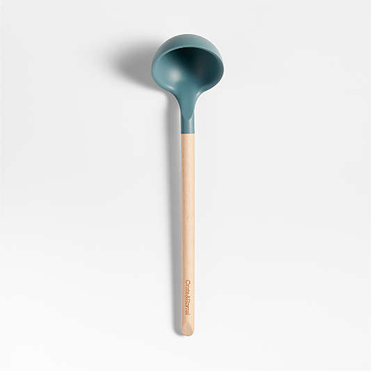 Crate & Barrel Deep Sage Green Silicone and Wood Ladle