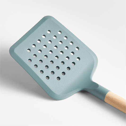 Crate & Barrel Deep Sage Green Silicone and Wood Slotted Turner