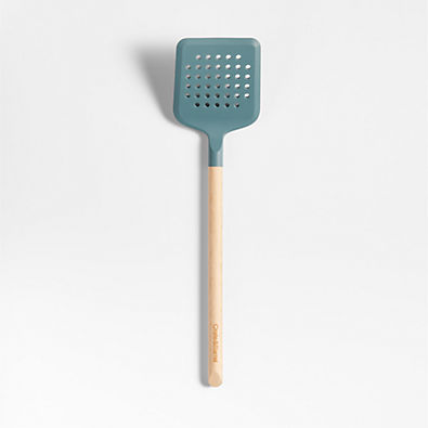 View Crate & Barrel Deep Sage Green Silicone and Wood Slotted Turner Spatula details