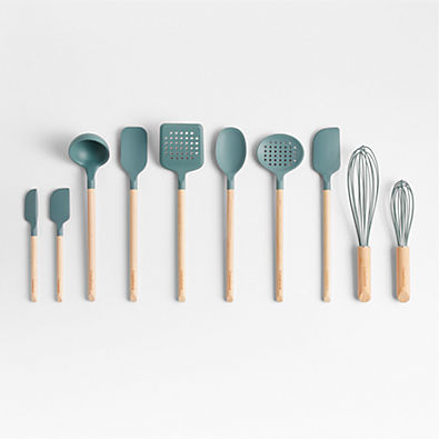 View Crate & Barrel Deep Sage Green Silicone and Wood Utensils, Set of 10 details