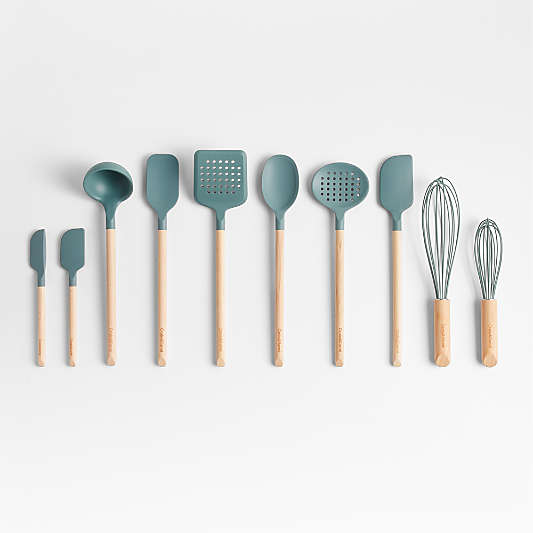 Crate & Barrel Deep Sage Green Silicone and Wood Ladle