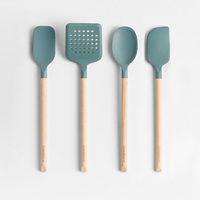 View Crate & Barrel Deep Sage Green Silicone and Wood Utensils, Set of 4 details