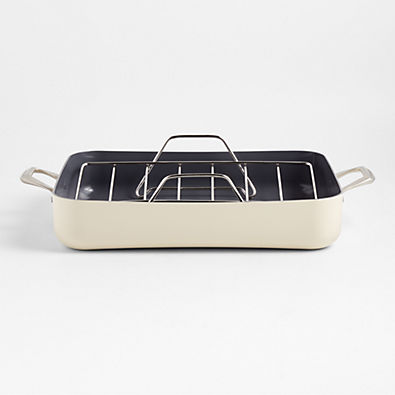 View Crate & Barrel EvenCook Ceramic  Cream Non-Stick 21" Roasting Pan with Rack details