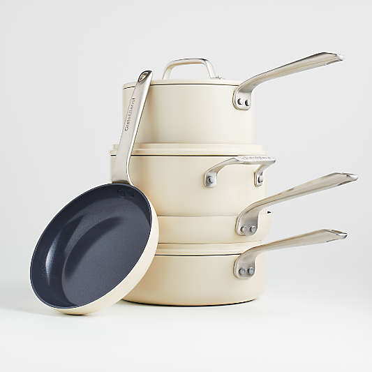 Crate & Barrel EvenCook Ceramic ™ Cream Ceramic Nonstick 8-Piece Cookware Set with Bonus