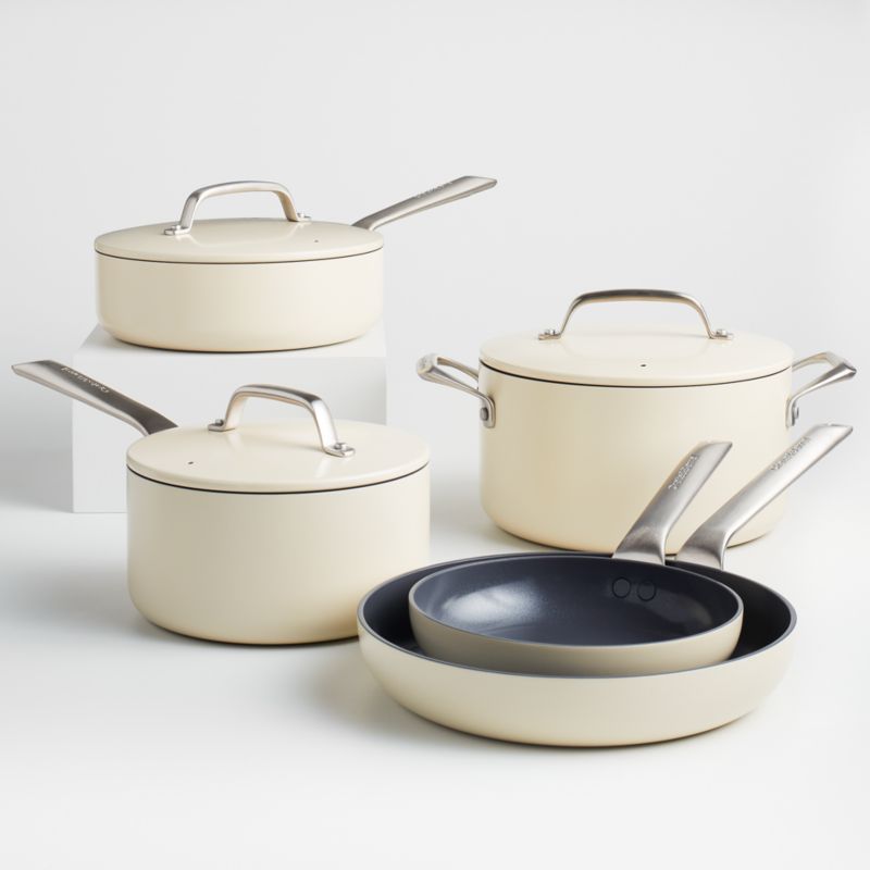 Stylish Square Ceramic Coating Cookware Set 6 Pcs Beige Detachable Handle