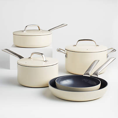 Crate & Barrel EvenCook Ceramic ™ Cream Ceramic Nonstick 8-Piece Cookware Set with Bonus