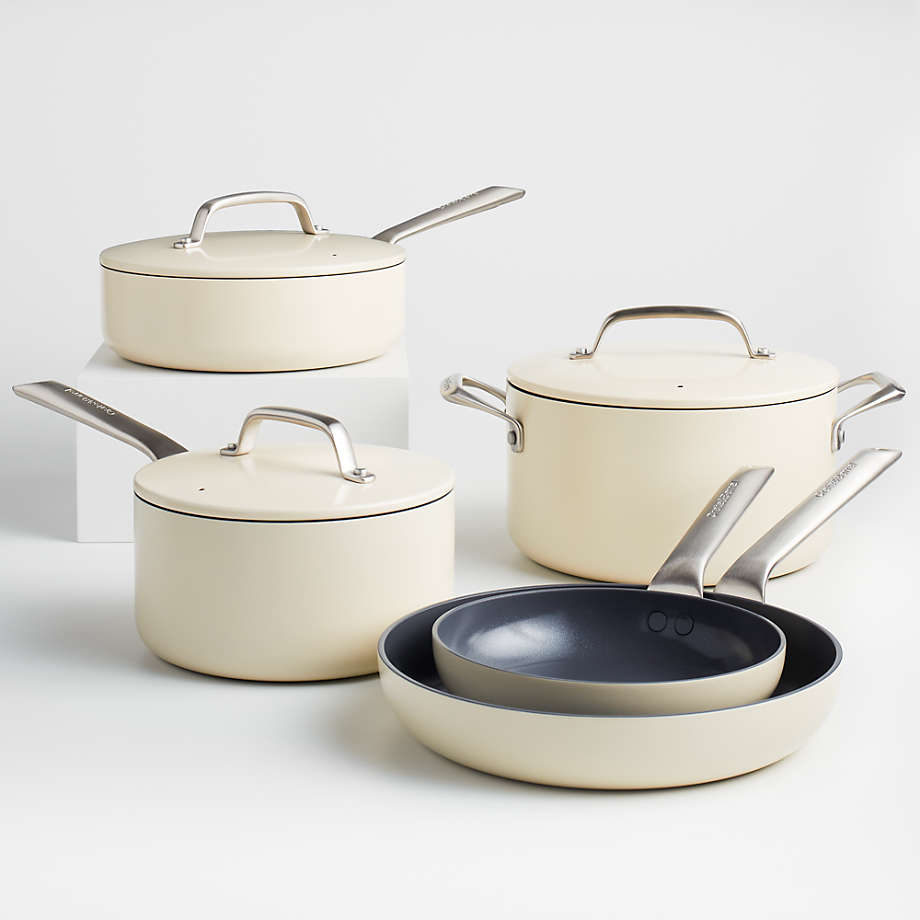 Crate & Barrel EvenCook Ceramic Cream Ceramic Nonstick 8-Piece Cookware ...