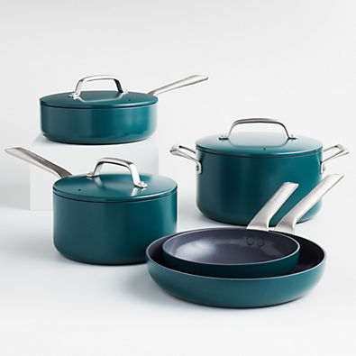 View Crate & Barrel EvenCook Ceramic ™ Deep Teal Ceramic Nonstick 8-Piece Cookware Set with Bonus details