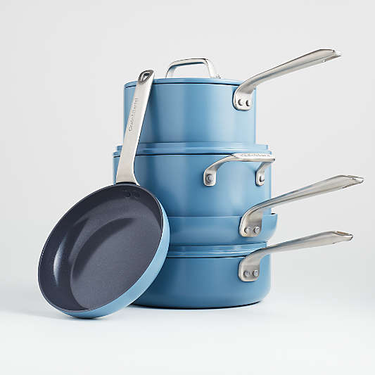 Crate & Barrel EvenCook Ceramic â„¢ Denim Nonstick 8-Piece Cookware Set with Bonus