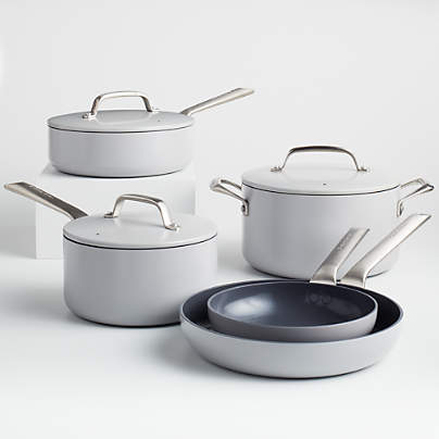 Crate & Barrel EvenCook Ceramic ™ Grey Ceramic Nonstick 8-Piece Cookware Set with Bonus