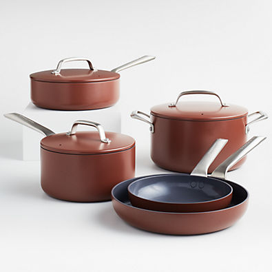 View Crate & Barrel EvenCook Ceramic ™ Terracotta Ceramic Nonstick 8-Piece Cookware Set with Bonus details
