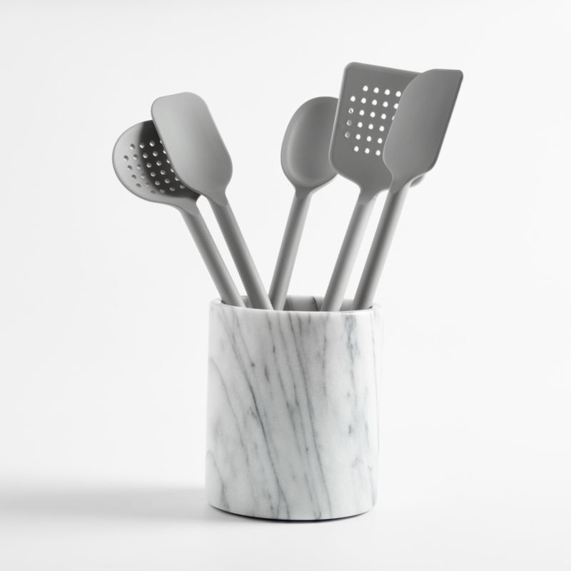 Crate & Barrel Grey Silicone Utensils with Holder, Set of 6