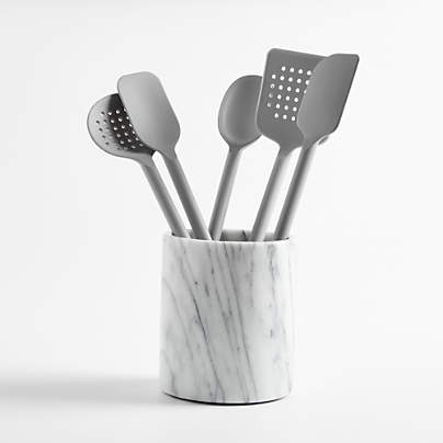 Crate & Barrel Grey Silicone Utensils with Holder, Set of 6