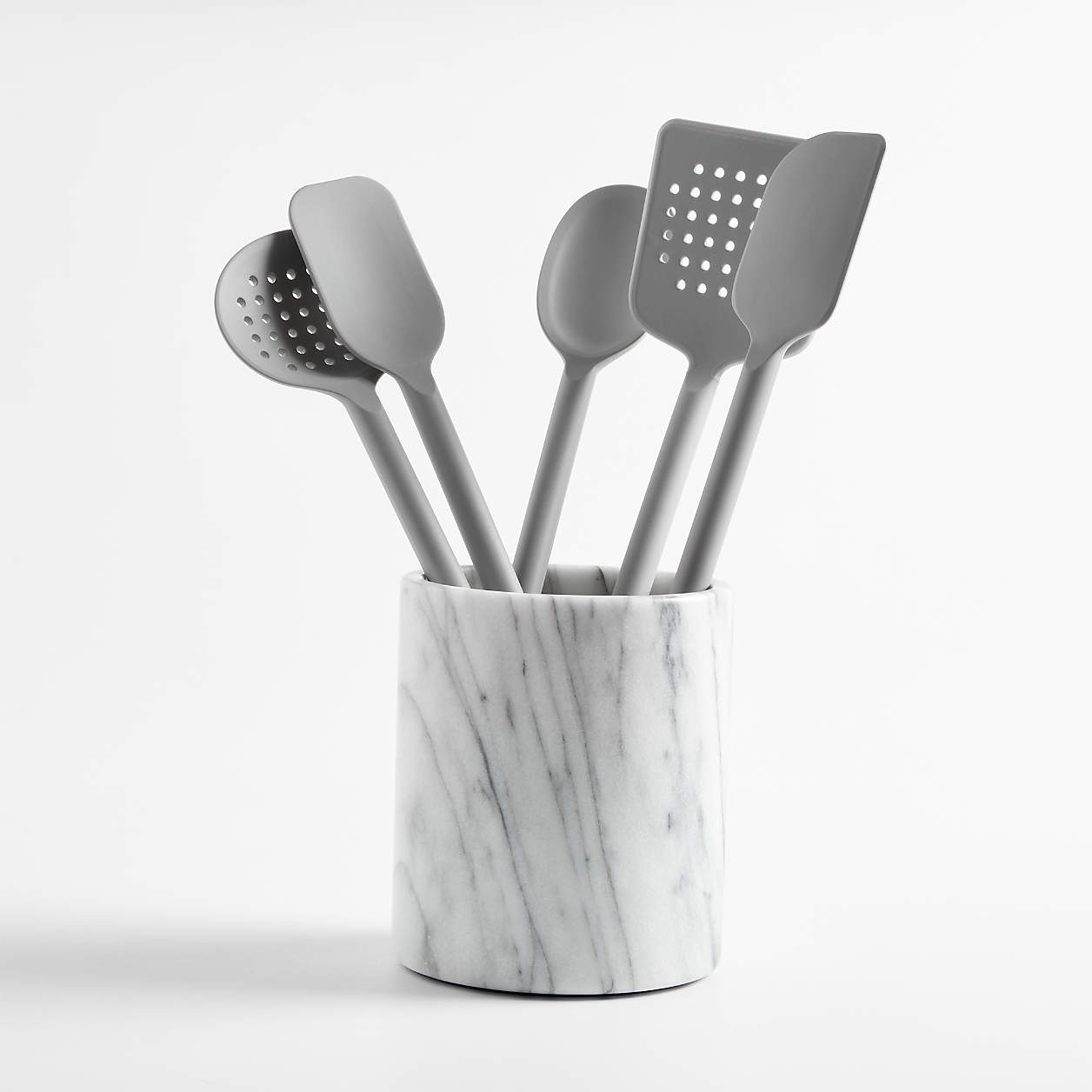 Crate & Barrel Grey Silicone Utensils with Holder, Set of 6 Crate