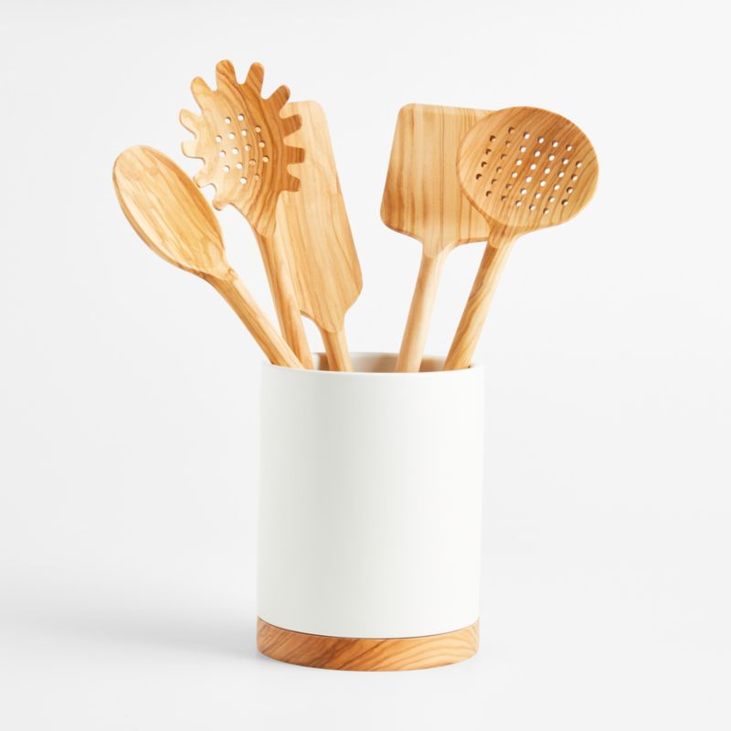 Crate & Barrel Wood and White Silicone Utensils, Set of 10