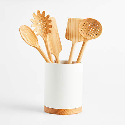 Crate & Barrel Olivewood Utensils with Holder, Set of 6