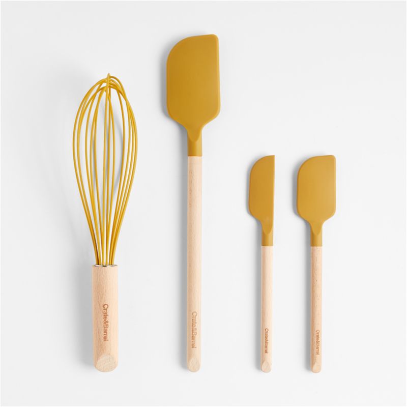 Crate & Barrel Wood and Yellow 12" Silicone Whisk - image 1 of 3