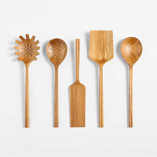 Wooden Spoons for Cooking, 6 Pcs Natural Teak Wooden Kitchen Utensils Set