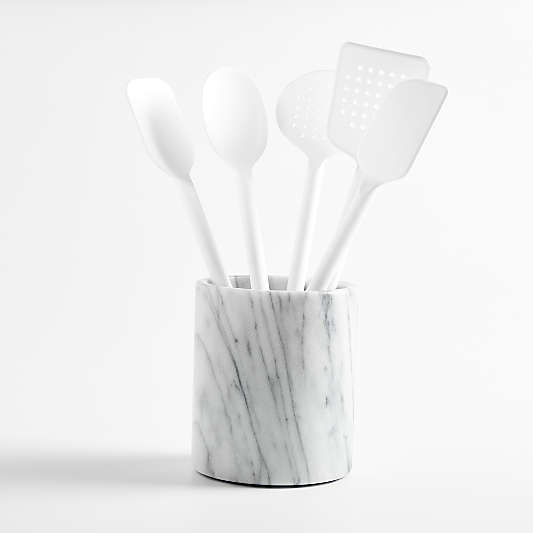 Crate & Barrel White Silicone Utensils with Holder, Set of 6