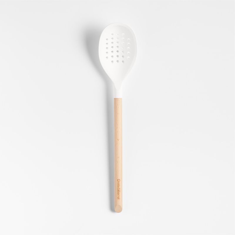 Viewing product image Crate & Barrel White Silicone and Wood Deep Slotted Spoon - image 1 of 6