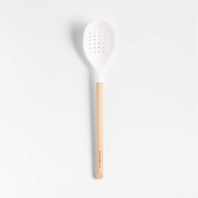 Crate & Barrel White Silicone and Wood Deep Slotted Spoon