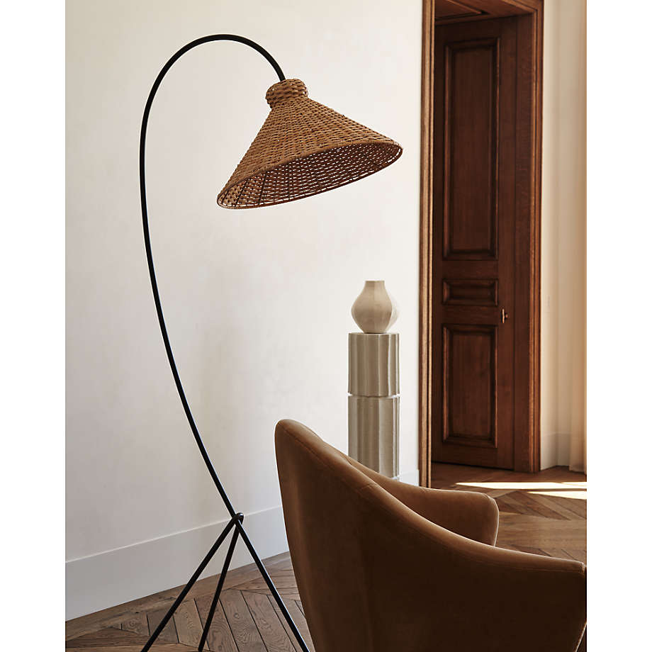 L Union Black Metal Arc Floor Lamp with Rattan Shade by Athena