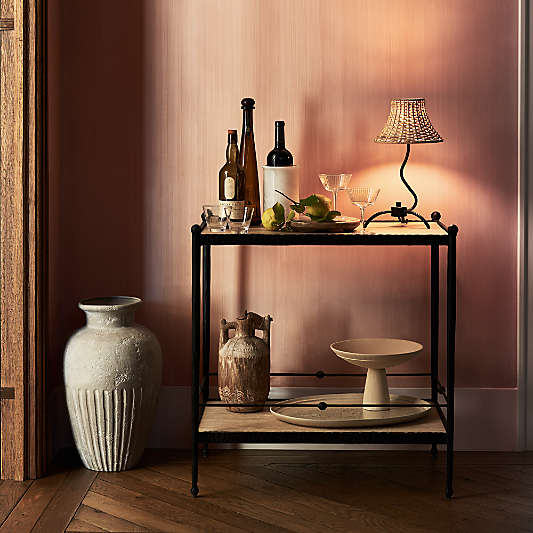 Bibelot Wavy Black Metal Mini Table Lamp with Rattan Shade by Athena Calderone 15.6"