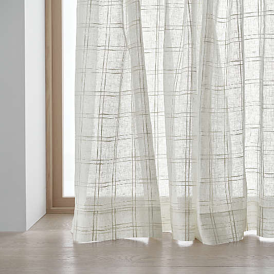 Briza White Windowpane European Flax ™-Certified Linen Sheer Window Curtain Panel 52"x84"