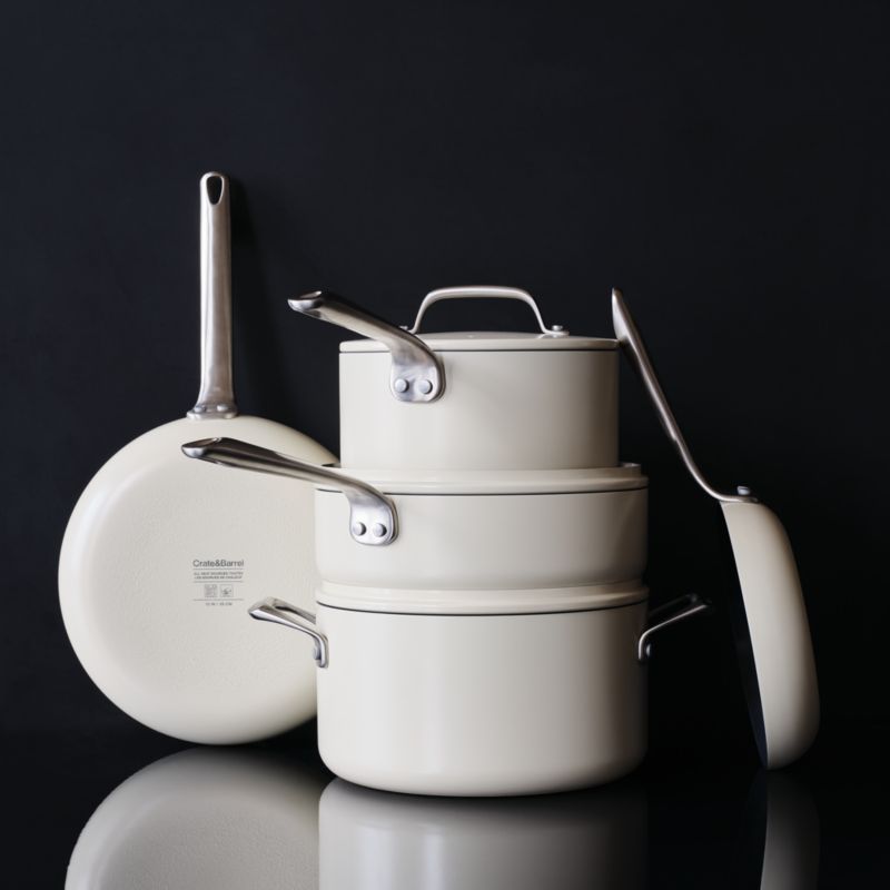 Crate & Barrel EvenCook Ceramic ™ Cream Nonstick 8-Piece Cookware Set with Bonus - image 1 of 12