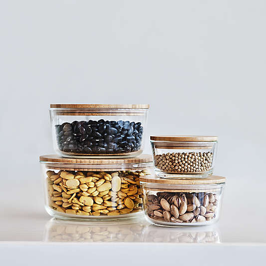 Crate & Barrel Round Glass Storage Container with Bamboo Lid, 1-cup, Set of 4