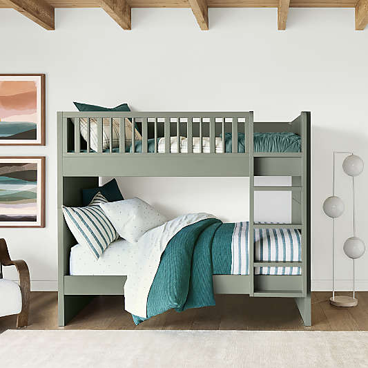 Finn Sage Green Wood Kids Convertible Bunk Bed with Sage Green Wood Ladder