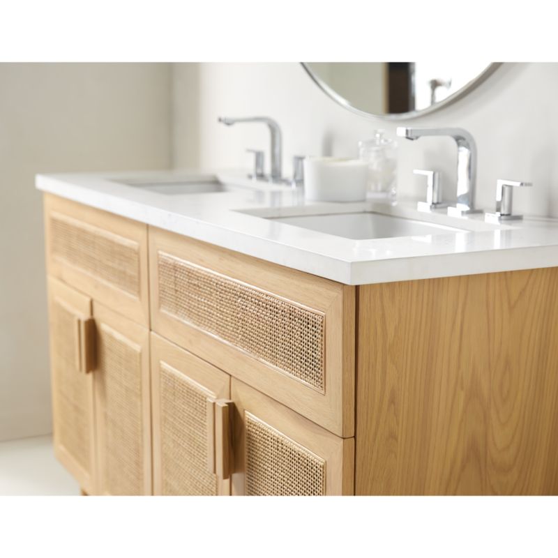 Eli 60" White Marble Top Double Sink Vanity with Cane and Natural Oak Wood Doors - image 4 of 20