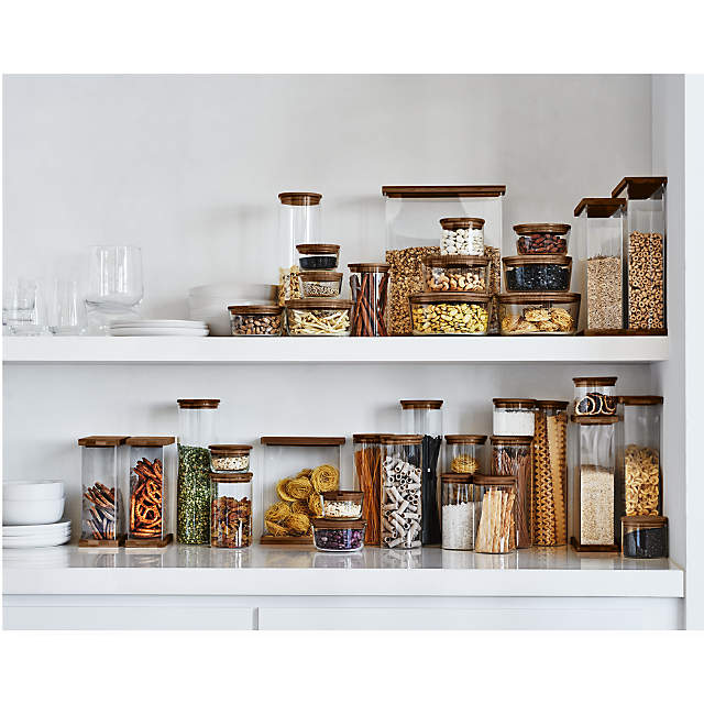 Crate & Barrel 8-Piece Rectangular Glass Storage Containers with Dark Wood Lids | Crate & Barrel