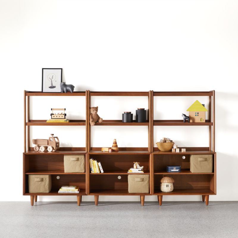 Tatum Set of Modular Walnut Wood Kids Open Bookcases with Hutches