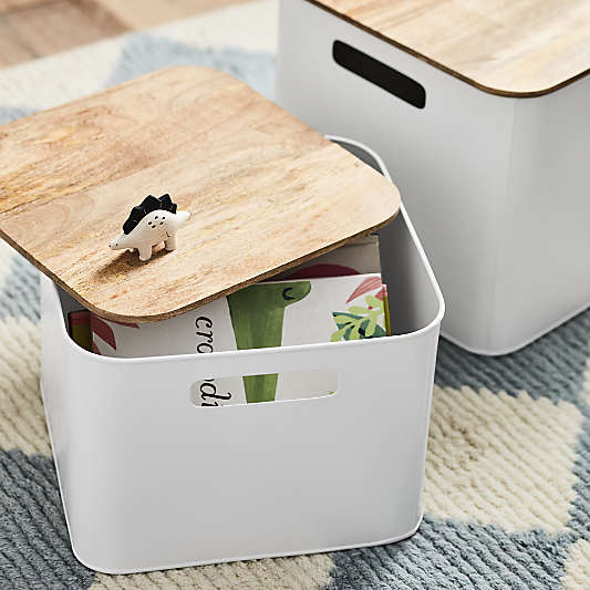 Outline White Medium Metal Storage Bin with Wood Lid