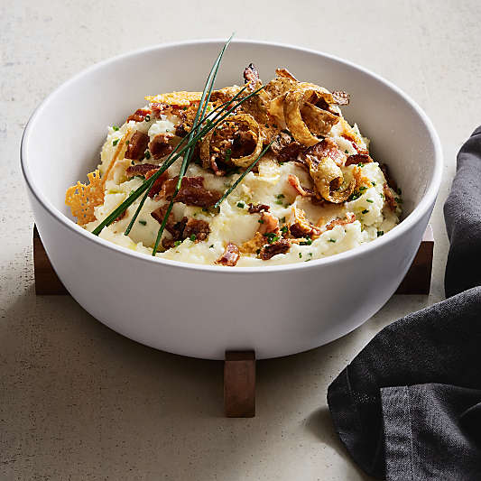 Oven-to-Table Serving Bowl with Dark Wood Trivet