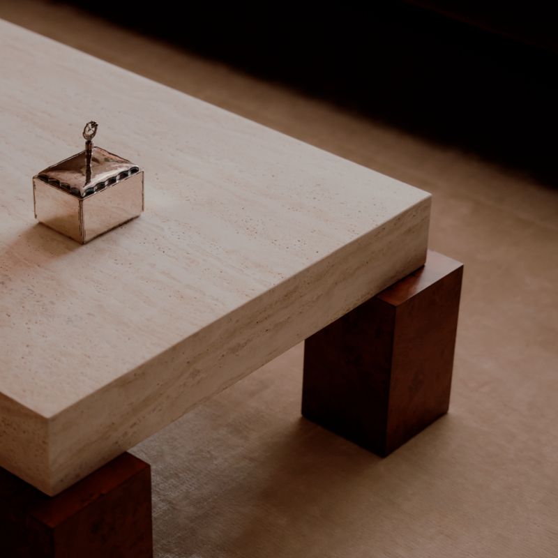 Dualité Travertine and Burl Wood Block Leg 56" Coffee Table by Athena Calderone - image 5 of 10